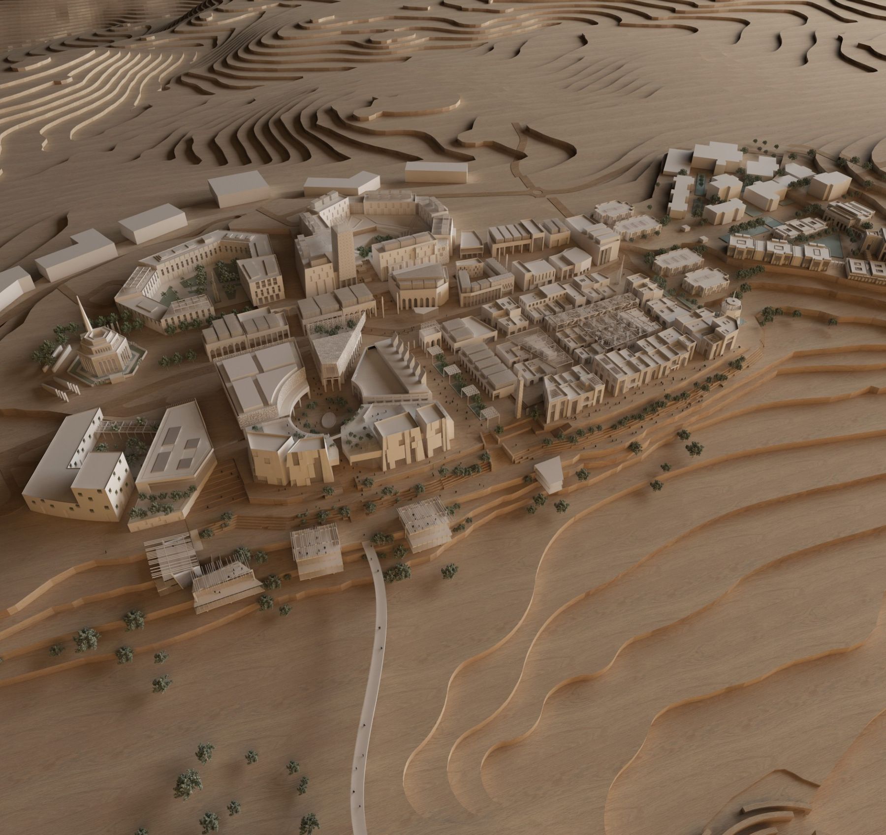 Wooden site model of a hillside masterplan, perspective view