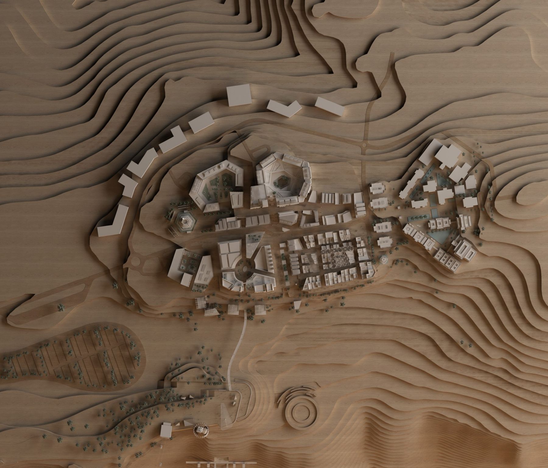 Wooden site model of the same masterplan, seen from above